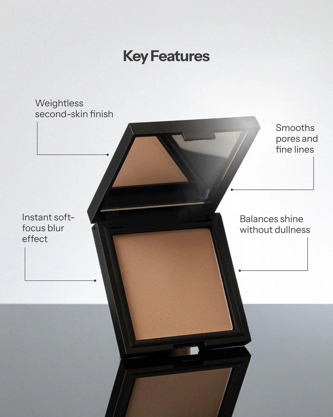 Compact powder with features listed on a gray background