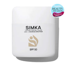 Simka tinted facial fluid container with SPF 50 on a white background