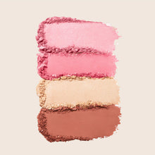 Stack of pink, beige, and brown makeup swatches on a light beige background